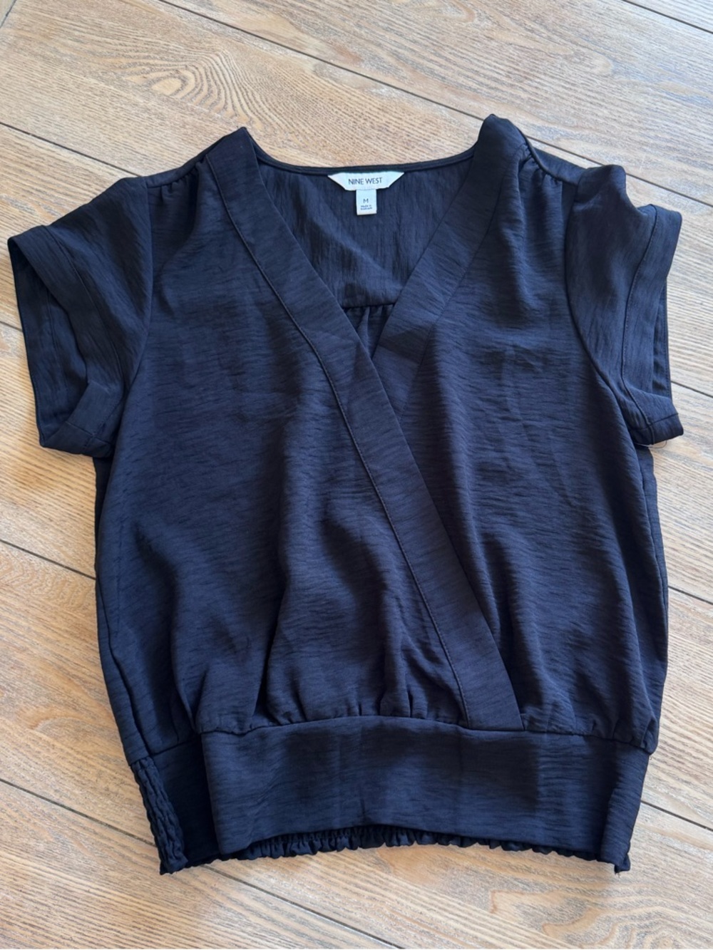 Nine West Black Short Sleeve Surplice Blouse